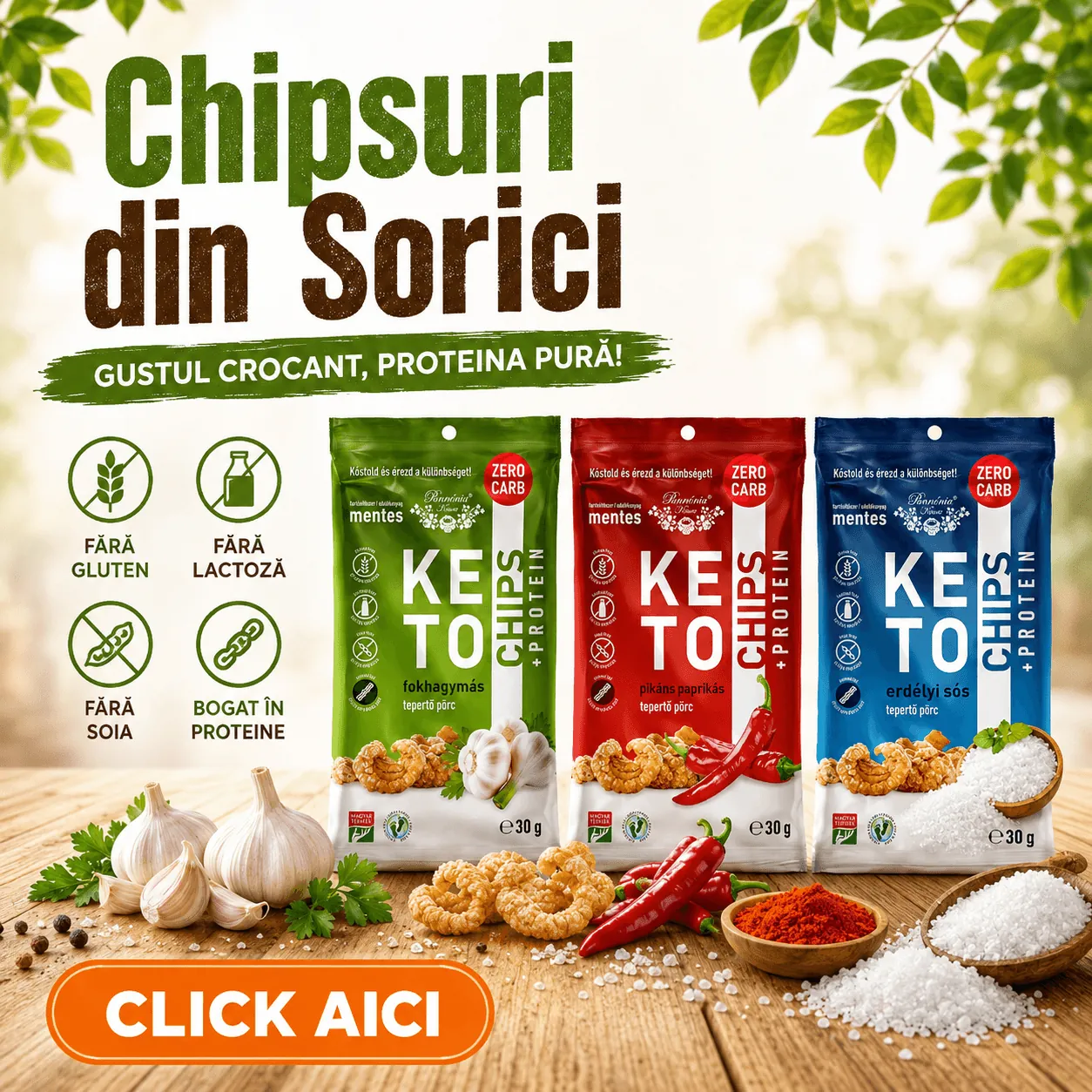 Chipsuri din șorici Pannónia Keto Chips în trei arome: usturoi, paprika și sare ardelenească