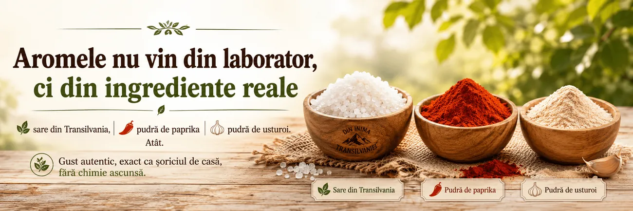 Aromele nu vin din laborator, ci din ingrediente reale: sare din Transilvania, pudră de paprika și pudră de usturoi