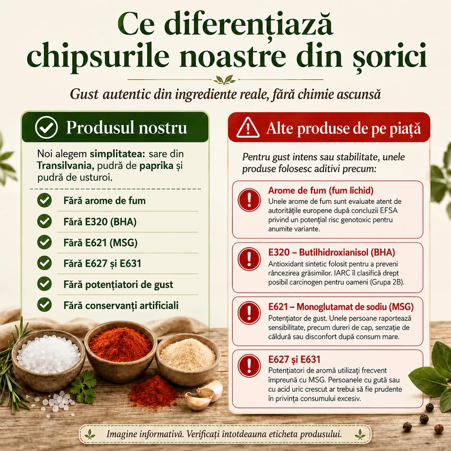 Ce diferențiază chipsurile noastre din șorici: fără arome de fum, fără E320 (BHA), fără E621 (MSG), fără E627 și E631, fără potențiatori de gust, fără conservanți artificiali