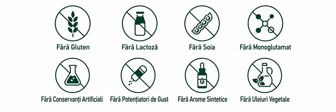Fără gluten, fără lactoză, fără soia, fără monoglutamat, fără conservanți artificiali, fără potențiatori de gust, fără arome sintetice, fără uleiuri vegetale